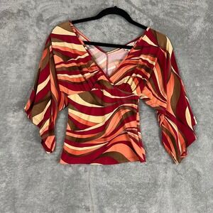 Vintage Y2K Top Womens S 70s Disco Stripe Plunge Neck Bell Sleeve Retro Festival